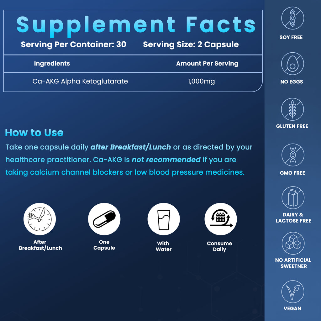 Ca-AKG Alpha Ketoglutarate 1000mg 60 Vegan Capsules | Healthy Aging & Cellular Health | GNH