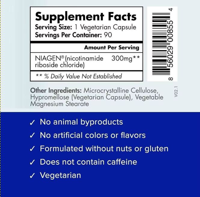 TRU NIAGEN Patented NAD + Supplement for Cell Regeneration. 90 capsules for 90 day servings supply