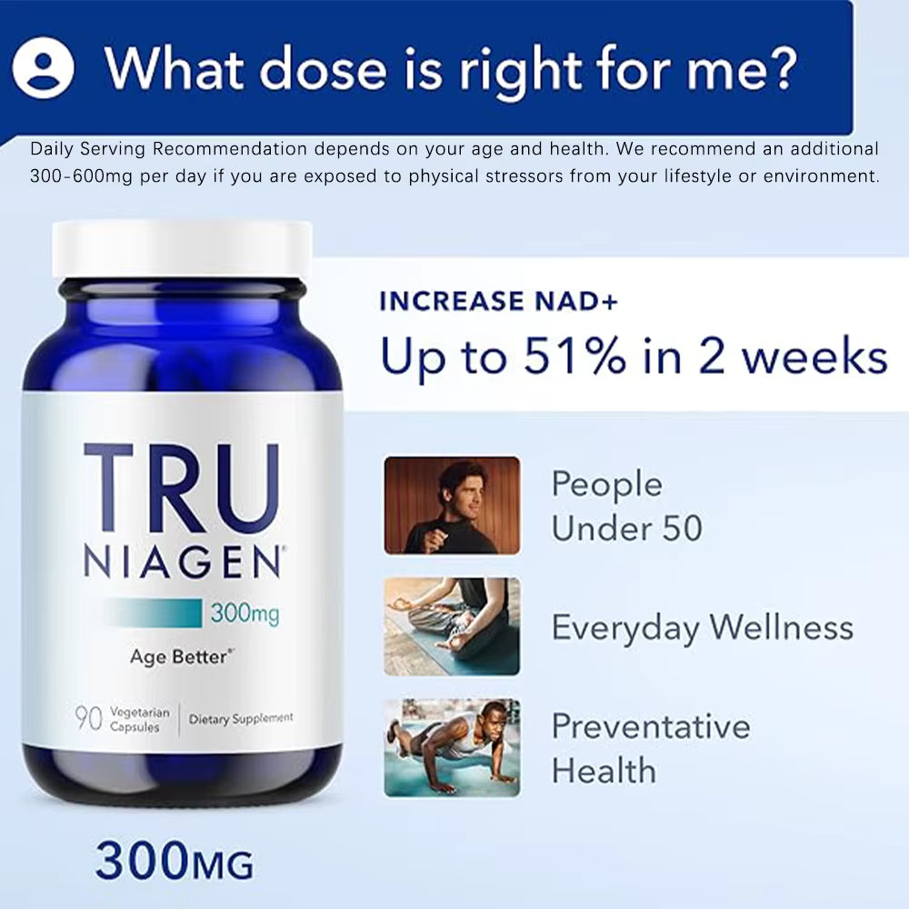 TRU NIAGEN Patented NAD + Supplement for Cell Regeneration. 90 capsules for 90 day servings supply