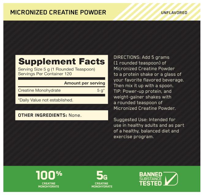 Optimum Nutrition Micronized Creatine Monohydrate Powder, Unflavored, 120 Servings, 600 Grams